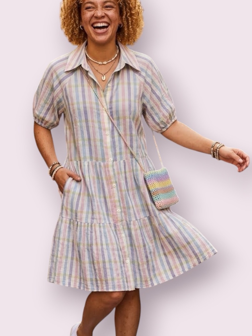 Gilli Pastel Stripe Tiered Crinkle Gauze Dress Size Medium